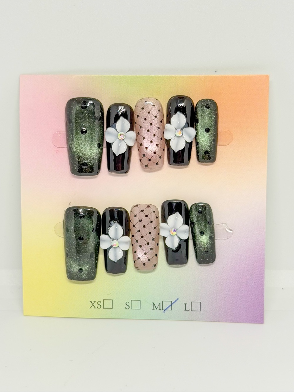 Handmade Black & Green Floral Press-On Nail Set